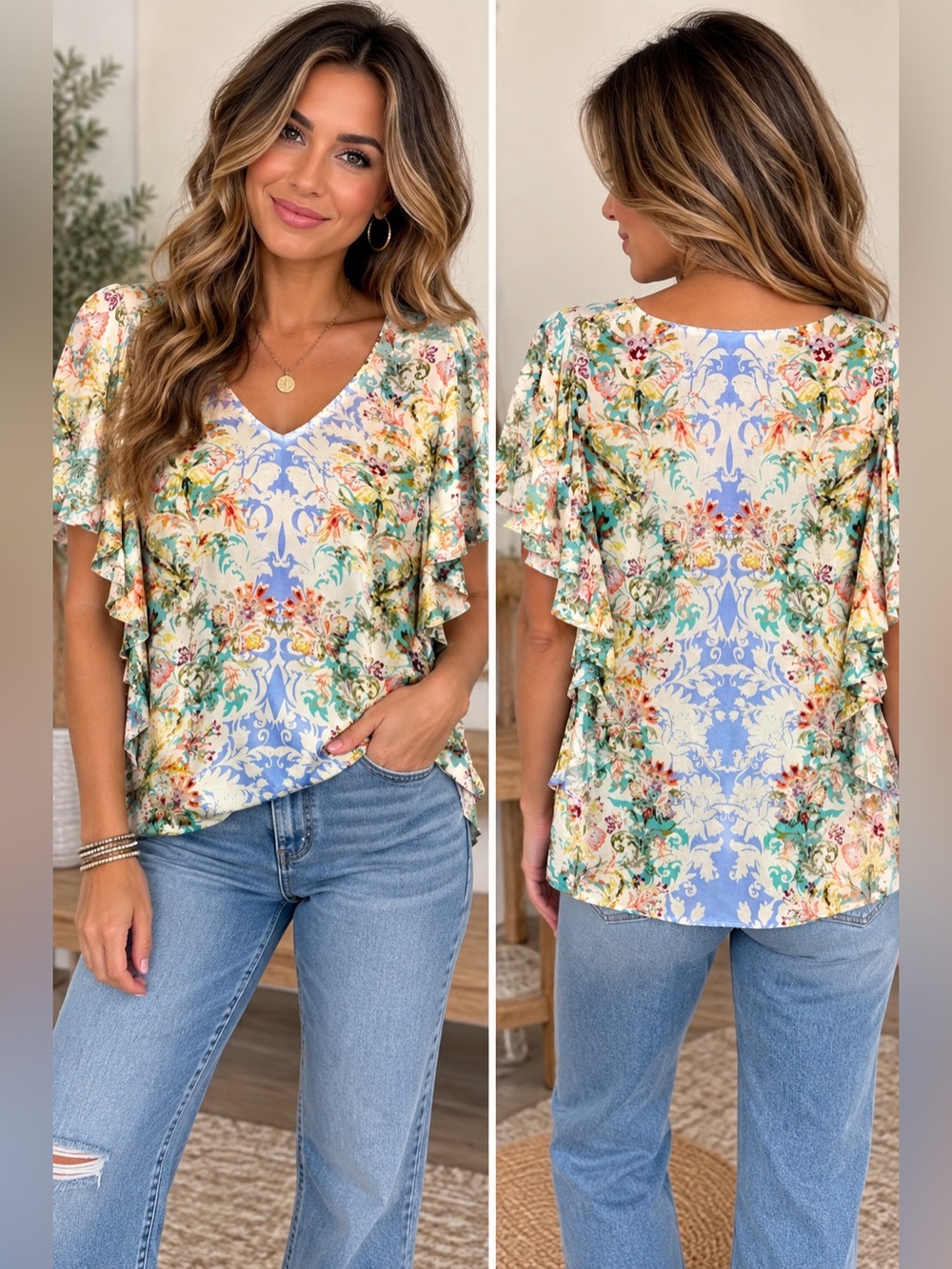 Sundance Floral Ruffle Sleeve Women's Top  Multicolor Size Medium